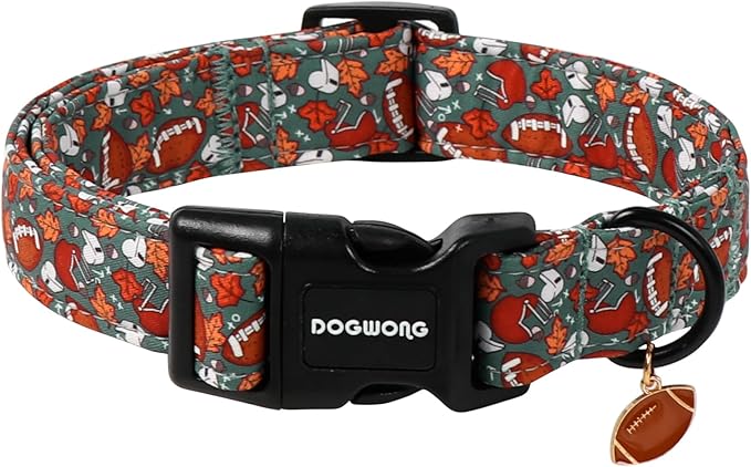 DOGWONG Fall Dog Collar, Rugby Maple Leaf Dog Collar Adjustable Soft Cute Pumpkin Dog Collars Cute Fall Puppy Necklace for Small Medium Large Dogs