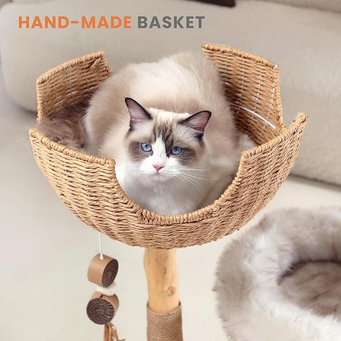 Cat Tree Tower with Two Real Branches, 44 INCH Wood Modern Cat Tower with Luxury Cat Condo, Cat Scratching Post, Jumping Platforms, Cat Furniture (Long Plush)