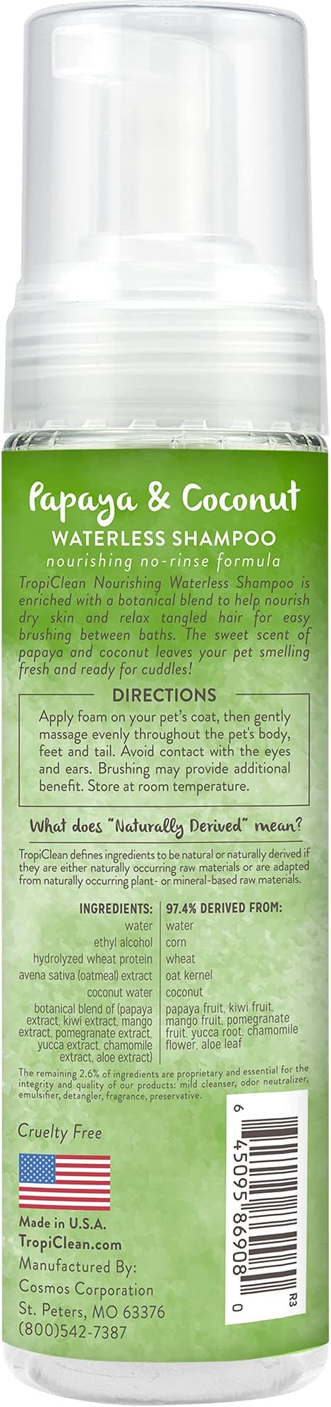 TropiClean No Rinse Waterless Dog Shampoo | Detangling & Deodorizing Dry Shampoo for Smelly Pets | Moisturizes Dry Skin | USA Made | Papaya Scent | 7.4oz