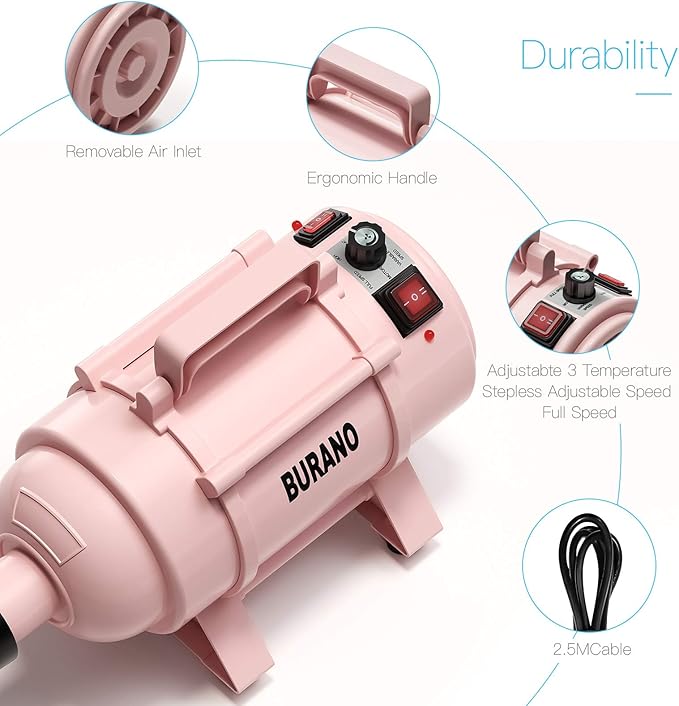 Burano Dog Dryer, High Velocity Pet Hair Dryer, 4.3HP Stepless Adjustable Speed Dog Hair Force Dryer for Dogs, Cats & More, Powerful Pet Blower with Heater