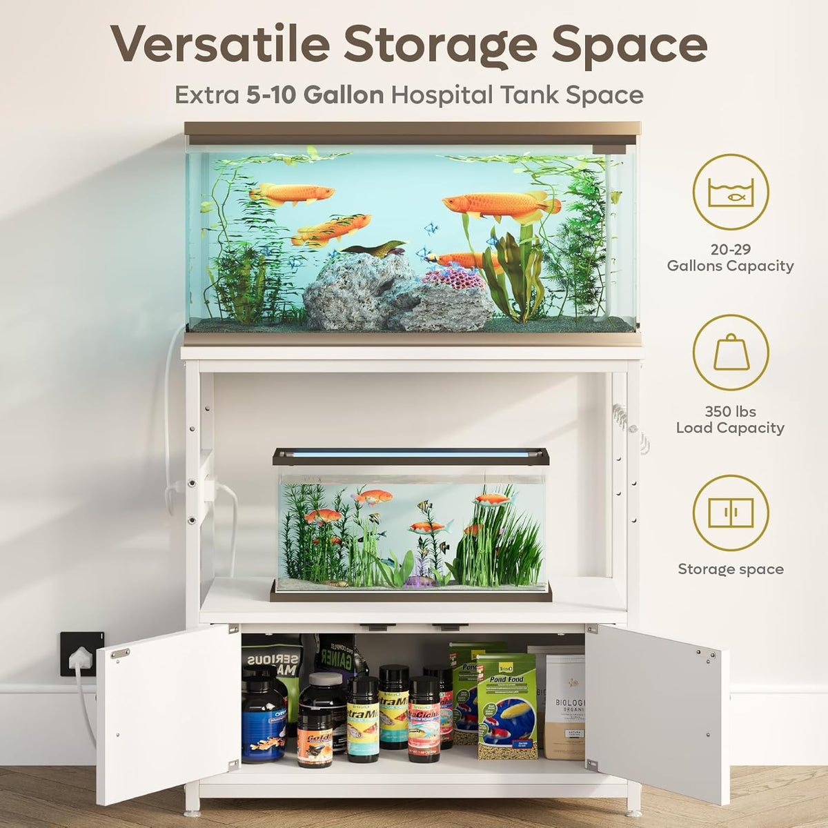 Bestier 20-29 Gallon Fish Tank Stand with Power Outlets, Metal Long Aquarium Stand with Storage Cabinet, 31x15 Reptile Terrarium Stand with Horizontal Gold Line, Stainless Hooks, 350 Lbs(White)