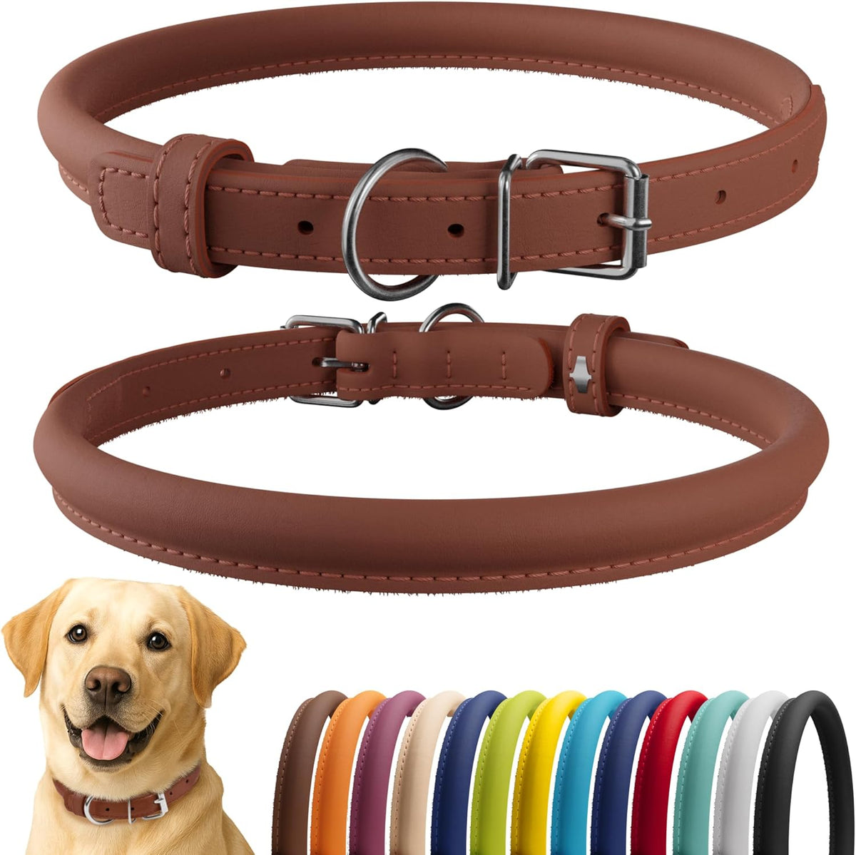 CollarDirect Rolled Leather Dog Collar, Soft Padded Round Puppy Collar, Handmade Genuine Leather Collar Dog Small Large Cat Collars 13 Colors (18-22 Inch, Cinnamon Smooth)