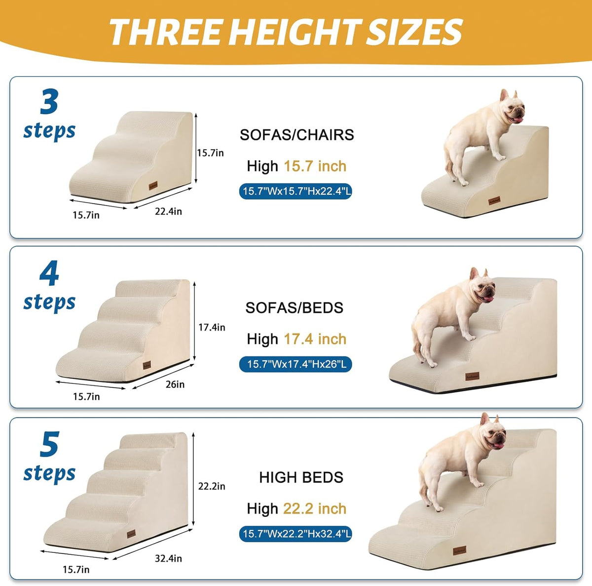 4-Step Dog Stairs and Ramp for Beds or Couches,Non-Slip Sturdy Pet Steps for Small Dogs and Cats,17.4" H,Beige