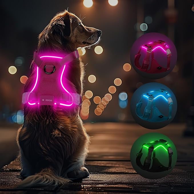 Light Up Dog Harness,Reflective Pet Harness Rechargeable,Led Dog Vest Harness for Night Walking,Adjustable Dog Safety Vest for Small Medium Large Dogs-No Pull,Pink,S