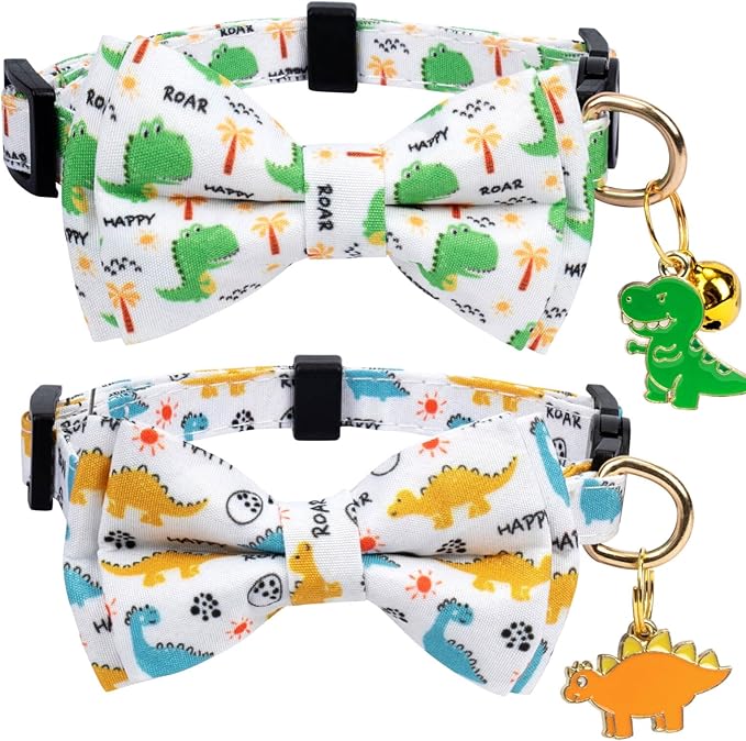 2 Pack Cotton Cat Collar with Bow Tie and Bell for Girl Boy Cats,Cute Pink Flamingo and Blue Whale Pattern Spring Summer Breakaway Cat Collar for Male Female Cats (Dinosaur)