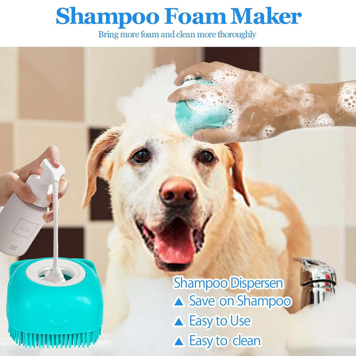 Dog Grooming Brush, Lilpep Pet Shampoo Bath Brush Soothing Massage Rubber Comb with Adjustable Ring Handle for Long Short Haired Dogs and Cats (Blue, set)