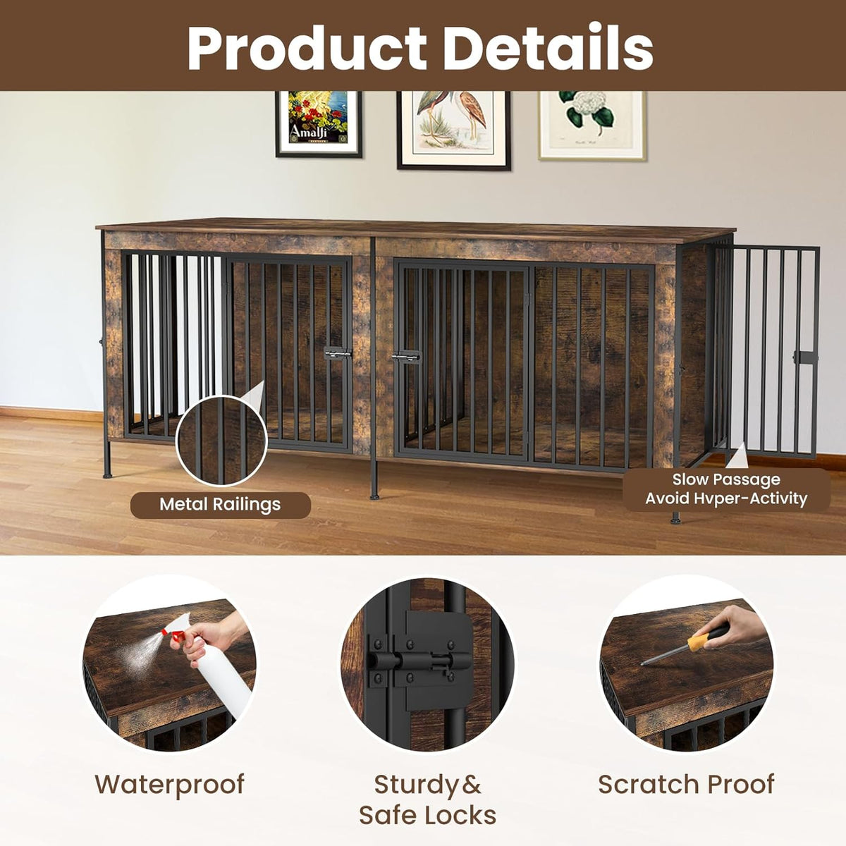 Dog Crate Furniture 78" for 2 Dogs Sturdy Heavy Duty Dog Kennel Solid Metal Tube Thick Wooden with 3 Lockable Doors XXL Double Dog Cage Large Breed as End Table for Large Dogs Rustic Brown
