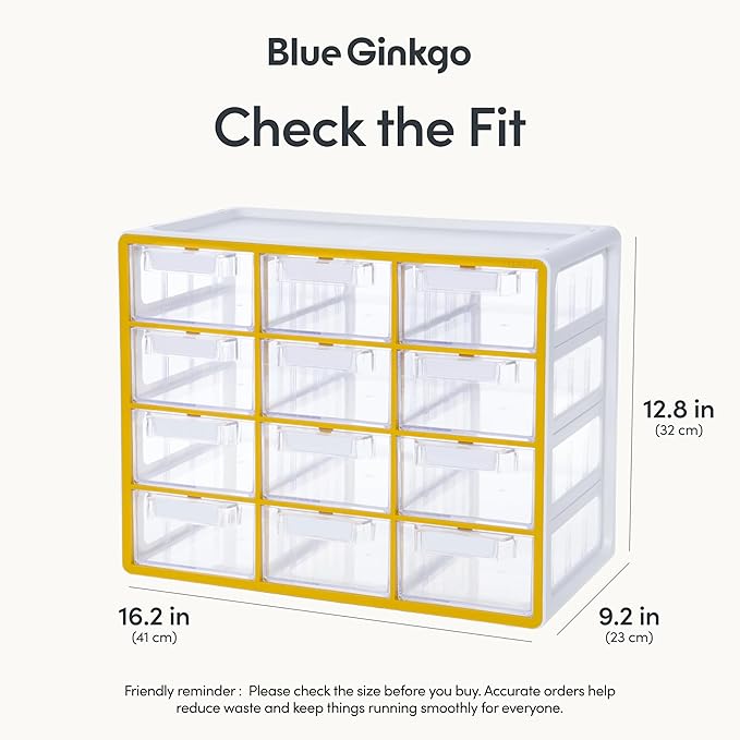 Blue Ginkgo Large 12-Drawer Cabinet – Stackable Clear Organizer for Hardware, Beads, Plastic Bricks, Office, and Craft Storage (Made in Korea, Yellow)