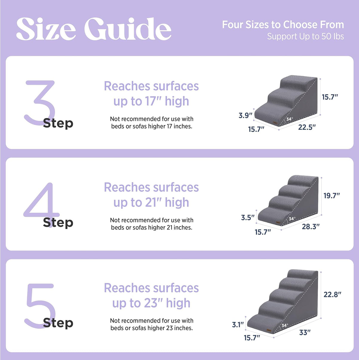 Lesure Dog Stairs for Small Dogs and Cats Pet Steps Ramp for Bed and Couch with CertiPUR-US Certified Foam with Non-Slip Bottom, Grey, 3 Steps