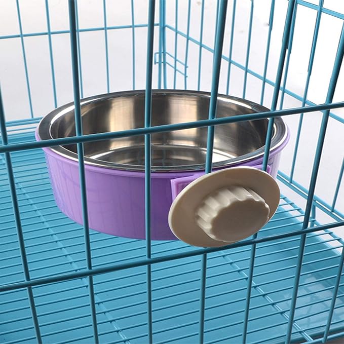 Crate Dog Bowl Removable Stainless Steel Water Food Feeder Bowls Cage Coop Cup for Cat Puppy Bird Pets (Large, Purple)