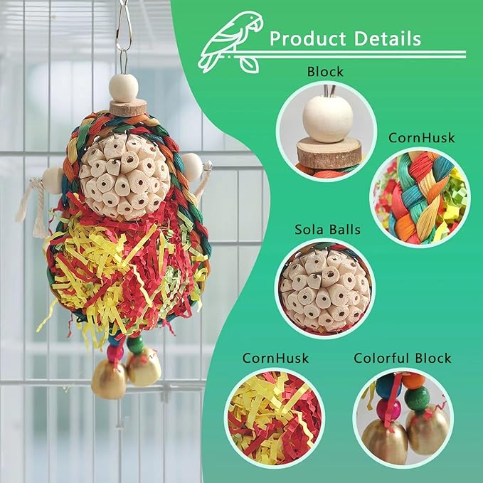 Parakeet Toys,Natural Sola Balls and Shredding Hanging Chewing Toy,2 PCS Small and Medium-Sized Parrot Toys, Bird Toys for Parrots,Cockatiels,Conures,Lovebird,Christmas Birds Toy