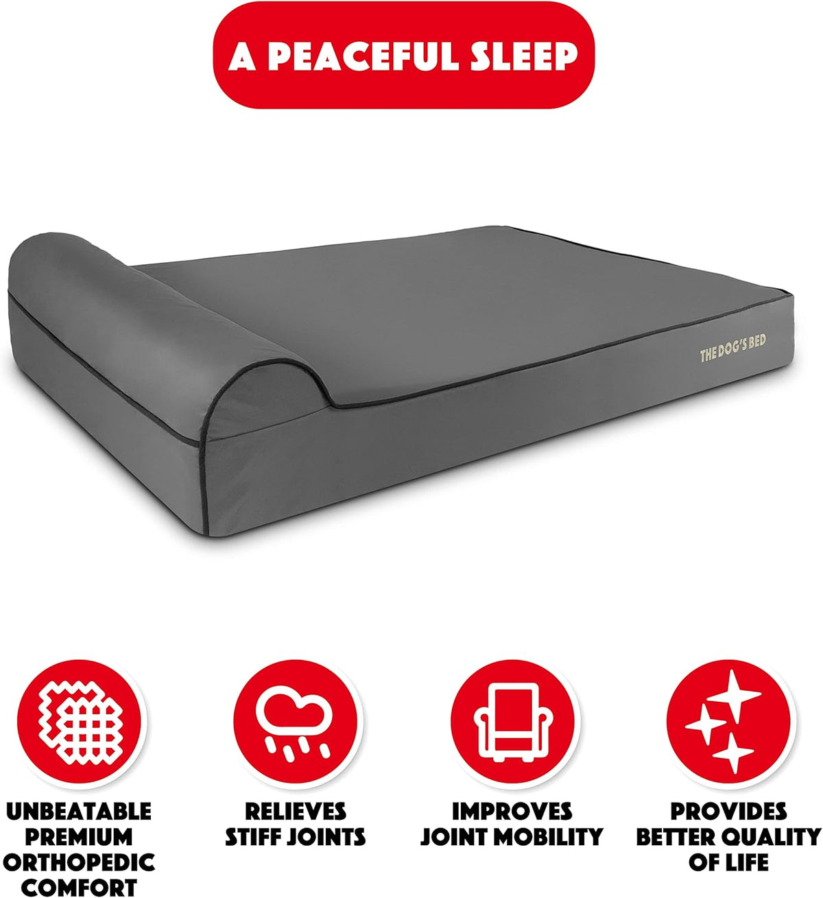 The Dog’s Bed Orthopedic Headrest Dog Bed XXL Grey/Black 54x36, Memory Foam, Pain Relief for Arthritis, Hip & Elbow Dysplasia, Post Surgery, Lameness, Veterinary Approved, Waterproof Washable Cover