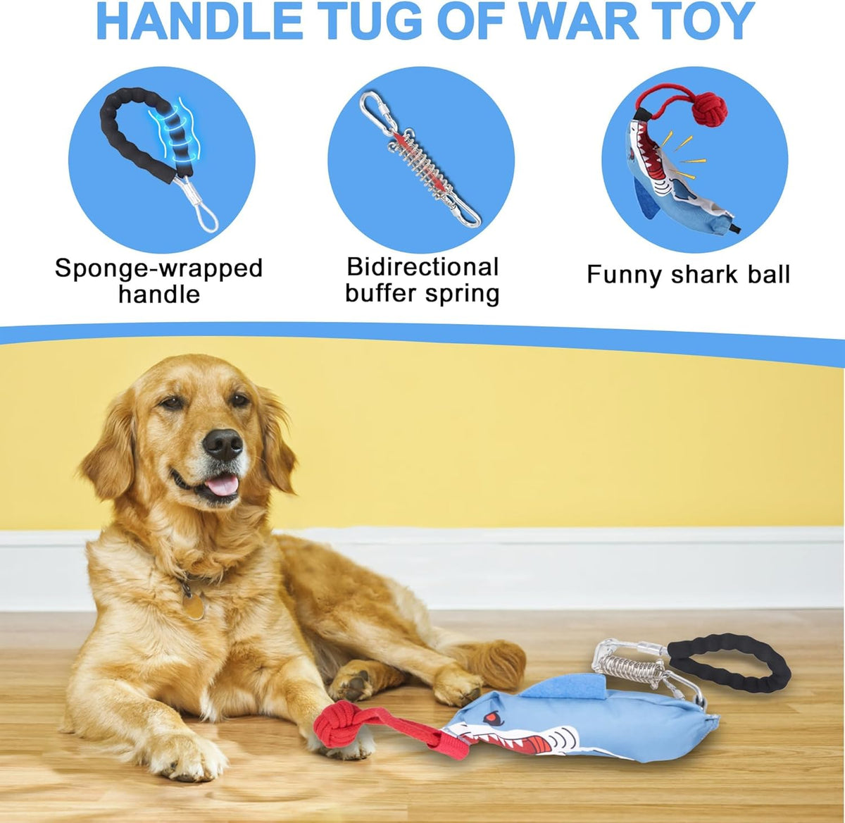 Dog tug of war Toy with Handle,Interactive Dog Toys with Squeak for Aggressive chewers, Durable Bungee Cord Toy with chew Ball