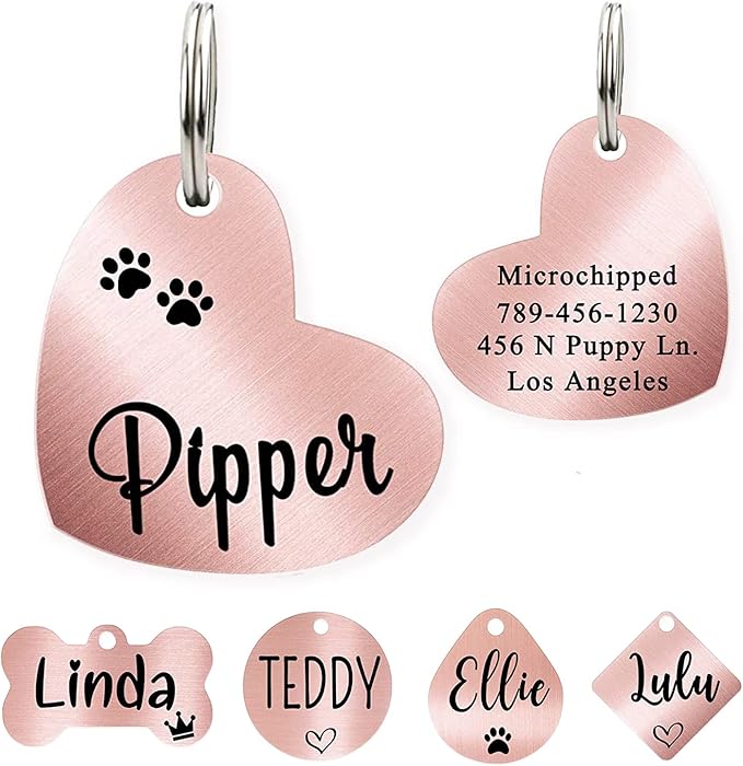 Ultra Joys Dog ID Tag, Custom Dog Tag Personalized Cat Tag, Pet ID Tag, Brushed Stainless Steel Heart Cat Tags Pet Tags Rose Gold Small