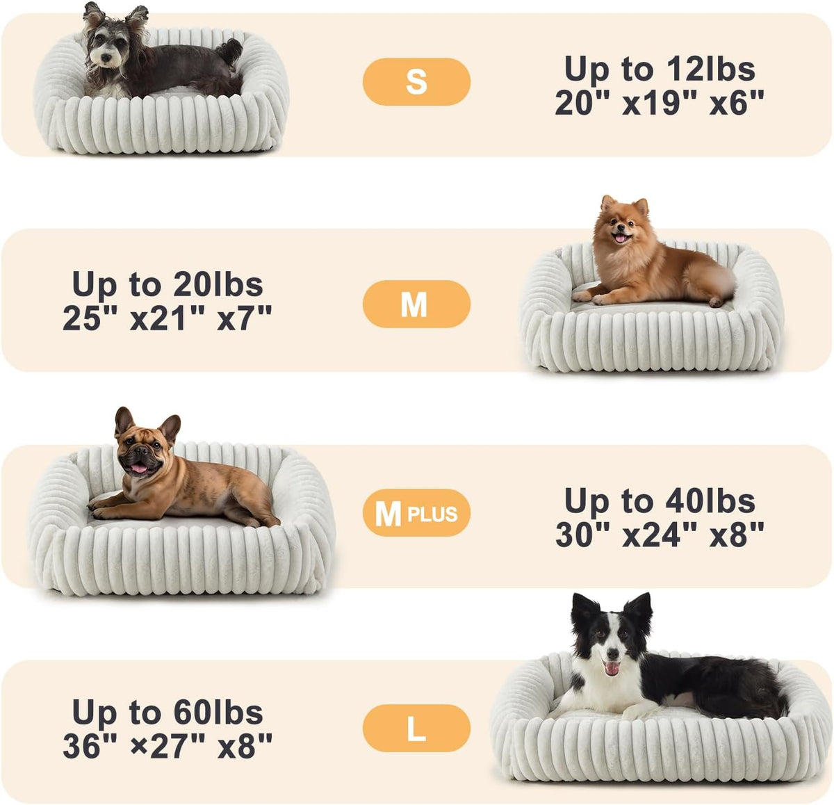 Dog Beds Medium Sized Dog, Washable Orthopedic Pet Bed with Removable Cover, Rectangle Soft Calming Sleeping Puppy Bed Durable Pet Cuddler with Anti-Slip Bottom, 30"x24"x8" Cream