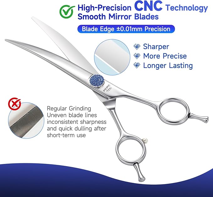 7'' Dog Grooming Scissors CNC 440C Blades Sharp and Durable Polished Curved Dog Shears with Blue Diamond Adustable Screws Easy to Use for Groomer and Home User
