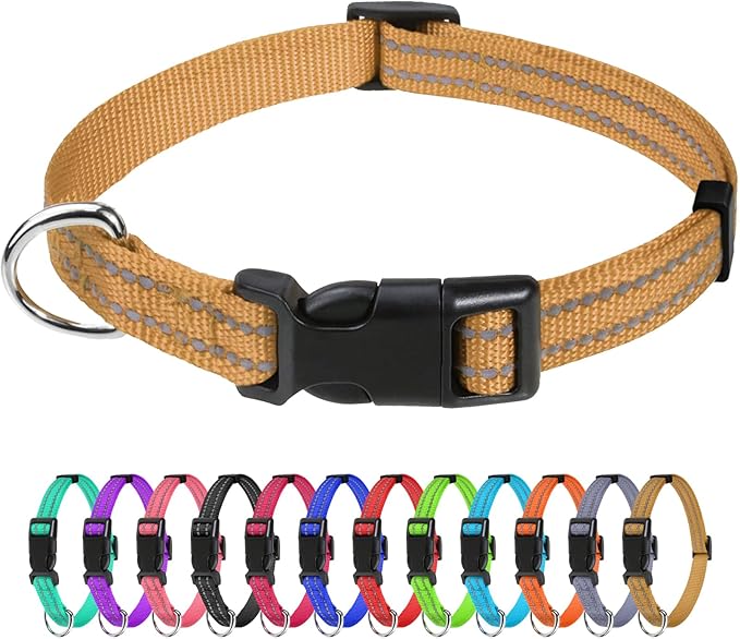 TagME Reflective Nylon Dog Collars, Adjustable Classic Collar with Quick Release Buckle for Puppy, Khaki, 3/8" Width
