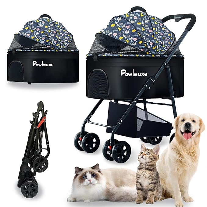 4 Wheels Pet Stroller 4 in 1 Pet Stroller with Detachable Carrier for Small & Medium Dogs Cats up to 55 lbs Easy-Folding Travel Dog Wagon with Car Seat Breathable Mesh,Blue Cartoon
