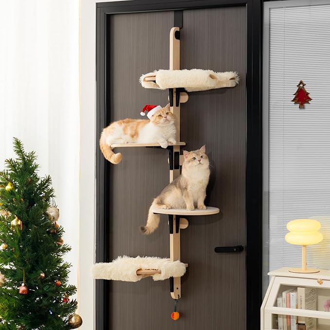 MEWOOFUN Cat Climbing Shelves Tree, 4-Levels Over Door Cat Climber for Jumping, Stable Cat Stairs Hammock for Kittens & Adult Cats (Wooden-65 H x 26.8” L x 13.8” W)