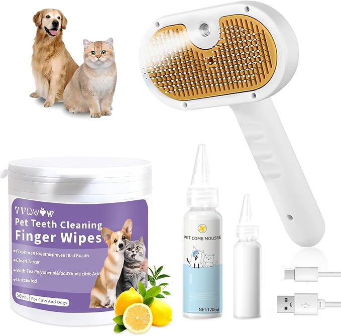 Pet Steam Brush for Dog & Cat – 3-in-1 Spray Hair Removal Comb for Shedding & Grooming – Water Brush for Long & Short Haired Pets – Includes Waterless Shampoo & Dental Wipes
