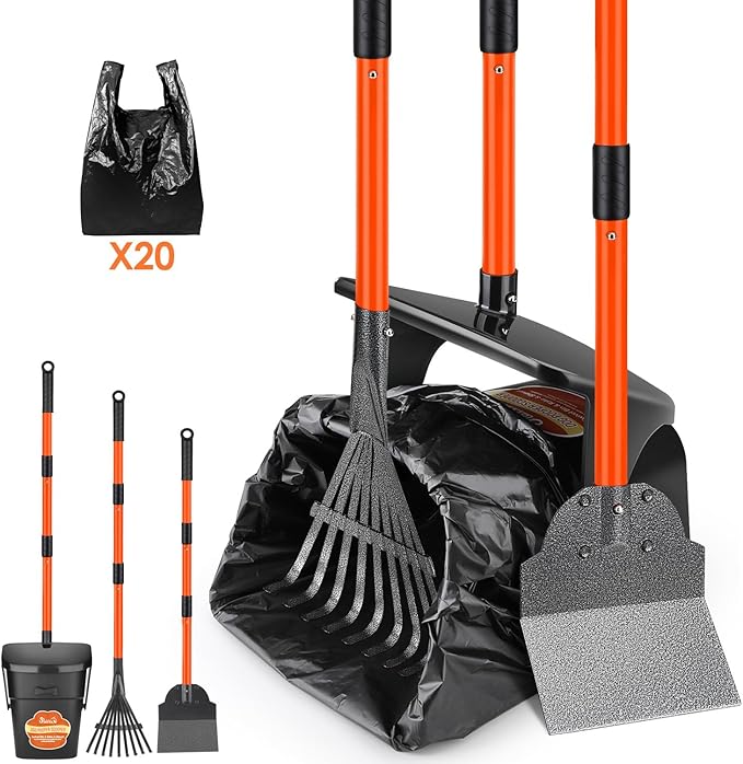 Lukovee Dog Pooper Scooper, 37.4" Long Adjustable Metal Handle Swivel Bin & Rake & Spade Kit with 20 Poop Bags, Portable Dog Non-Breakable Poop Scooper for Gravel Yard Lawn Grass, Orange