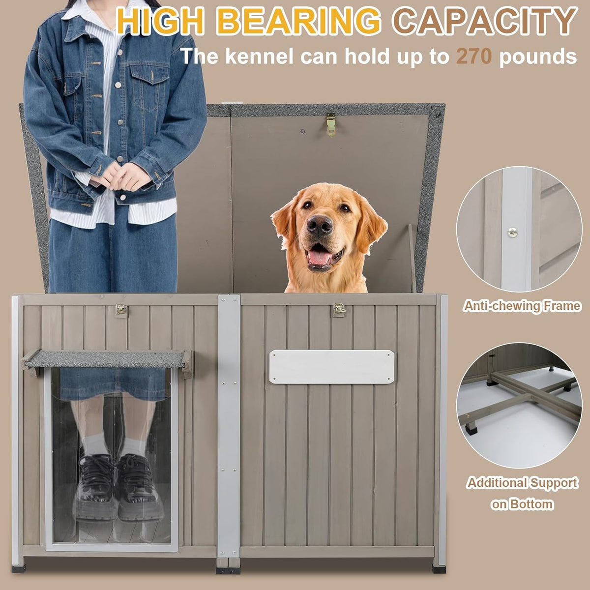Weatherproof Outdoor Dog House, Wooden Puppy Shelter with Anti-Chewing Iron Frame and Elevated Floor, Sturdy Dog Kennel for Small, Medium & Large Dogs, Grey (Gray, 51" L x 29" W x 32" H)