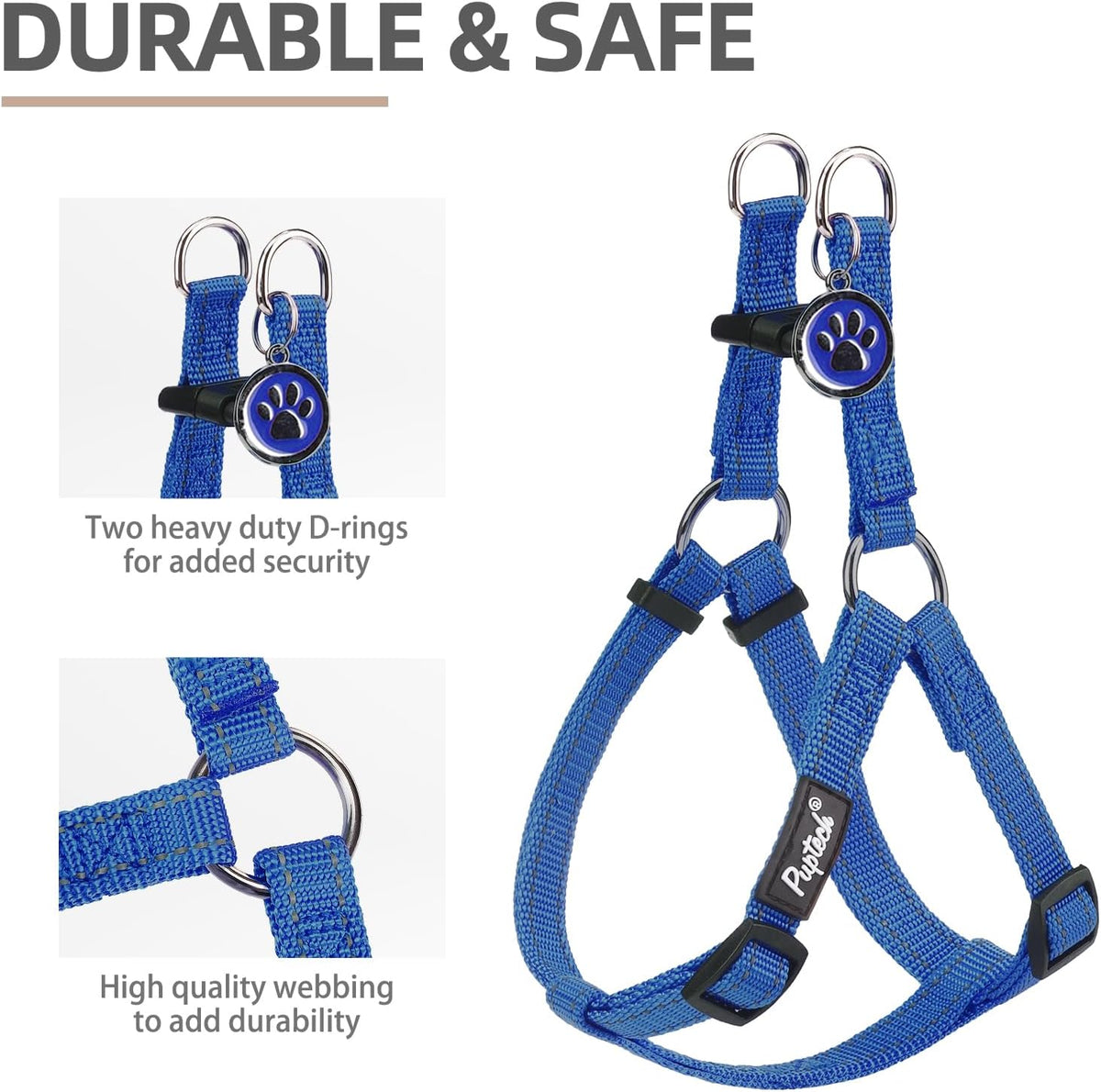 PUPTECK No Pull Dog Harness Soft Adjustable Basic Nylon Step in Puppy Vest Outdoor Walking with ID Tag, Reflecive Navy Blue, S
