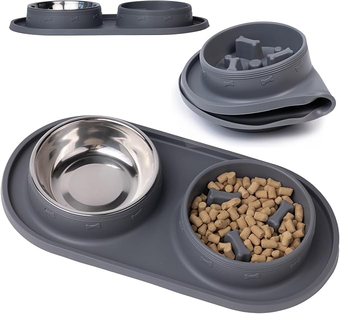 MalsiPree Cat & Dog Slow Feeder Bowl – Improve Digestion – Stainless Steel Water Bowl & Anti-Spill Silicone Mat – for Small & Medium Breeds – 15 oz - Puppy Slow Feeder
