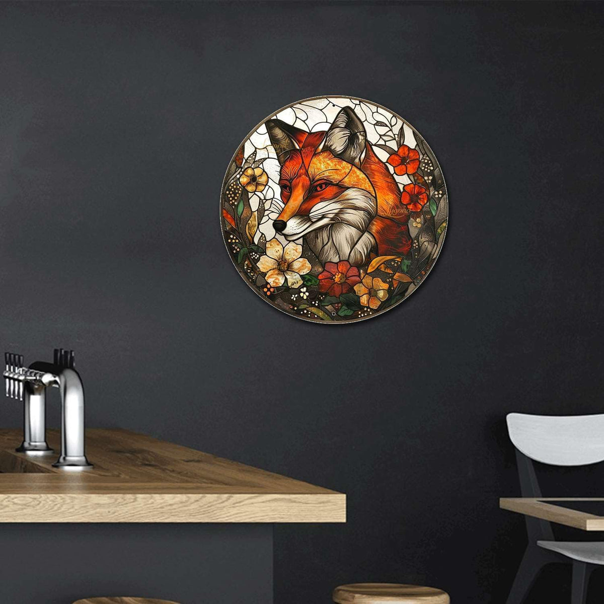 Lygond Metal Sign Tin Sign Circular Stained Glass Fox Garden Sign for Garage 12×12 Inches