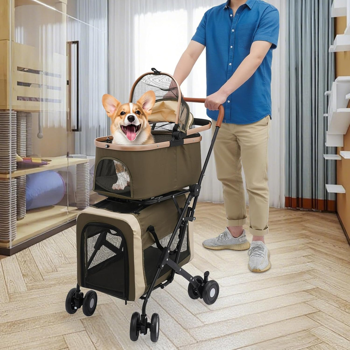 Double Pet Stroller for Dogs and Cats, Foldable Dog Stroller Travel Carriage with Detachable Carriers, Safety Belts, and 4 Lockable Wheels for Small to Medium Pets (Dark Green)
