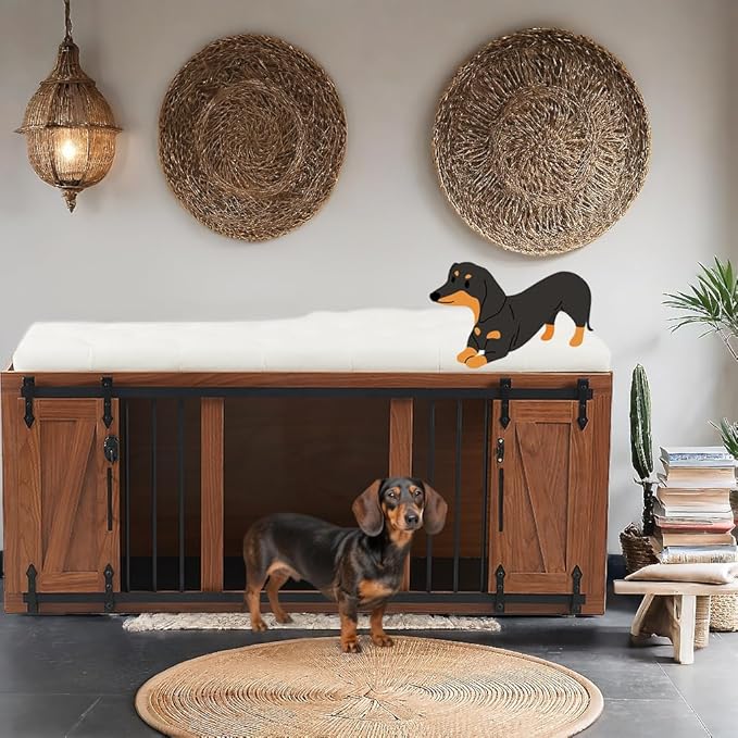 56" L Dog Crate Furniture with Padded Seat, End of Bed Bench Ottoman with Cushion, Wooden Dog Kennel with Pet Stairs & Sliding Barn Door for Bedroom, Living Room, Walnut
