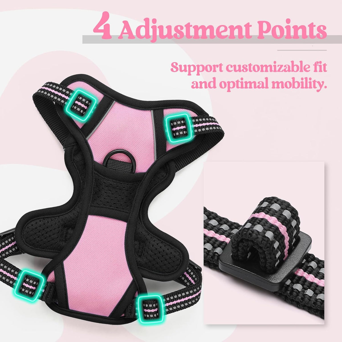 rabbitgoo Dog Harness No Pull with 2 Leash Clips, Adjustable Soft Padded, Reflective Oxford No Choke Pet Vest with Easy Control Handle for Puppy, Pink, XS