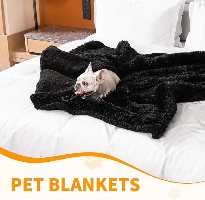 Waterproof Dog Blanket Black Calming Dogs Fluffy Long Faux Fur Pet Throw Blankets for Couch Protector Love Puppy Cat Bed Cover Washable(Black,XL-85x57in)