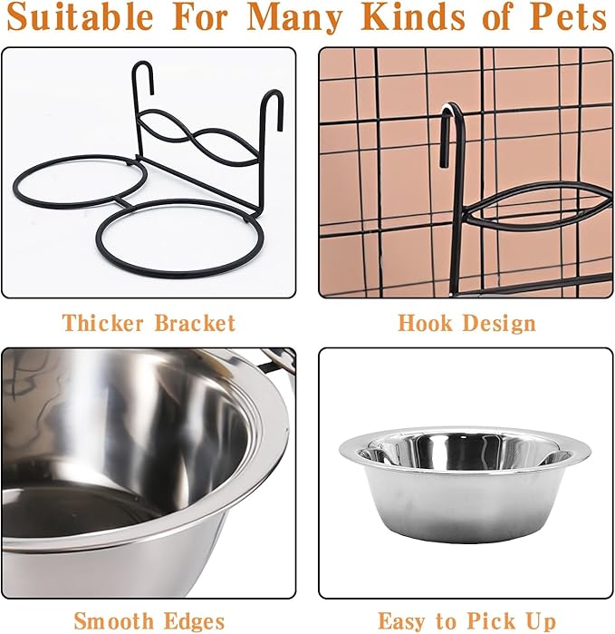 kathson Hanging Bird Bowls for Cage, 2 PCS Stainless Steel Metal Pet Food Water Dishes with Holder Feeder Cage Coop Hook Feeder Cups for Birds, Parrots, Small Sized Dogs and Cats(5.1 Inch Dia)