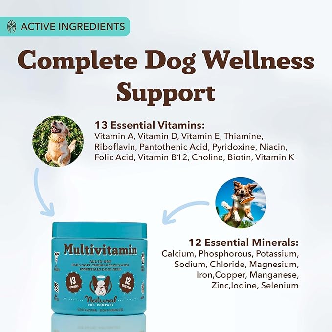 Natural Dog Company 25 in 1 Multivitamin for Dogs – Daily Soft Chews with Vitamins, Minerals & Antioxidants, Immune & Joint Support, for All Ages, Sizes & Breeds, Bacon & Peanut Butter – 90 Count