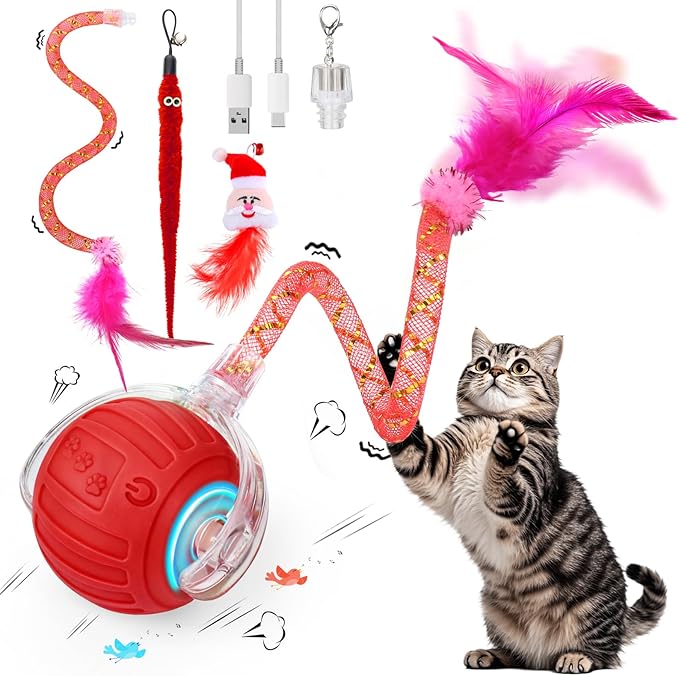 Interactive Cat Toy Ball - Christmas Cat Toys for Indoor Cats with Feather Tails for Chasing, Moving Stimulation Smart Cat Toy for Enrichment, Motion Activated Automatic Rolling Toys to Keep Them Busy