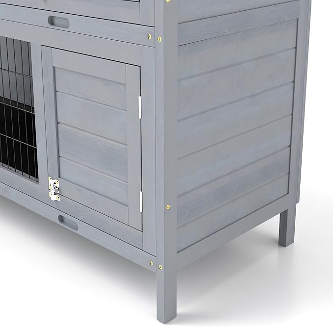 PawHut 54" 2-Story Large Rabbit Hutch Bunny Cage Wooden Pet House Small Animal Habitat with Lockable Doors, No Leak Tray and Waterproof Roof for Outdoor/Indoor Grey