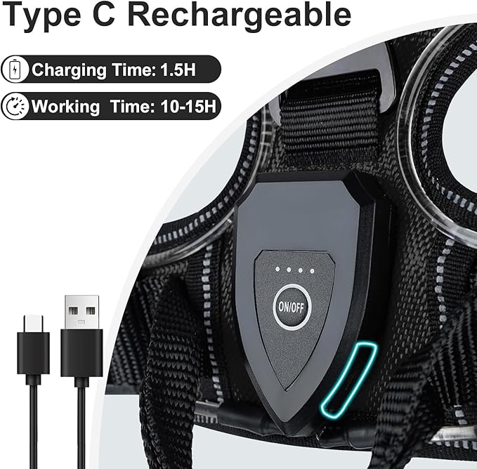 Taglory Light Up Dog Harness, Rechargeable No Pull Dog Vest with 3 Lightning Modes, Reflective Dog Harness with 2 Leash Clips & 4 Adjustable Slide Strips for Medium Dogs, Black-Blue, M