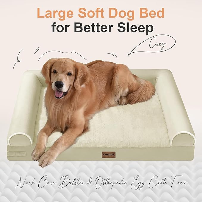 Large Dog Bed Orthopedic Washable: Beds Bolster XL Bed Medium Large Dogs Egg Crate Foam Couch Sofa Waterproof with Removable Cover - Beige