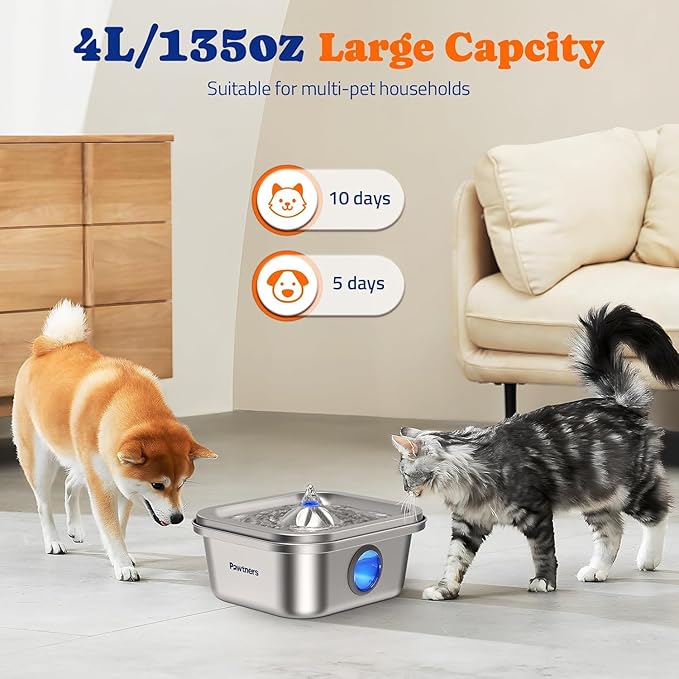 Cat Water Fountain Stainless Steel, 4L/135oz Cat Fountain, Automatic Dog Drinking Dispenser with Water Level Window, 6 Filters, Metal Pet Water Bowl Indoor, Quiet Pump, Easy Cleaning