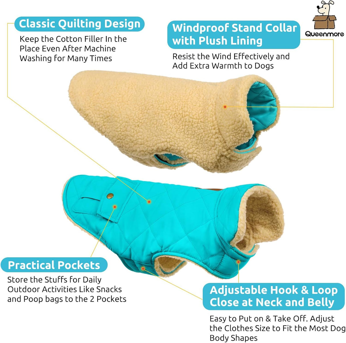 Queenmore Warm Dog Coat, Cold Weather Puffer Dog Coat Vest, Quilting Winter Pet Jacket Ultra Thick Plush Fleece Lining Pet Clothes for Dogs with Storage Pockets (Light Blue, Medium)