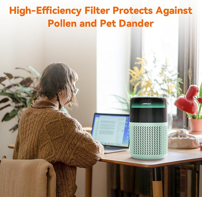 AIRROMI Air Purifier for Bedroom Home,HEPA Filter,Covers Upto 549 Ft²,Quiet 360°intake Air Cleaner with Fragrance ponge for Better Sleep,Night Light,Filters Smoke,Pet Dander,Allergies,Dust,A2005Turquo