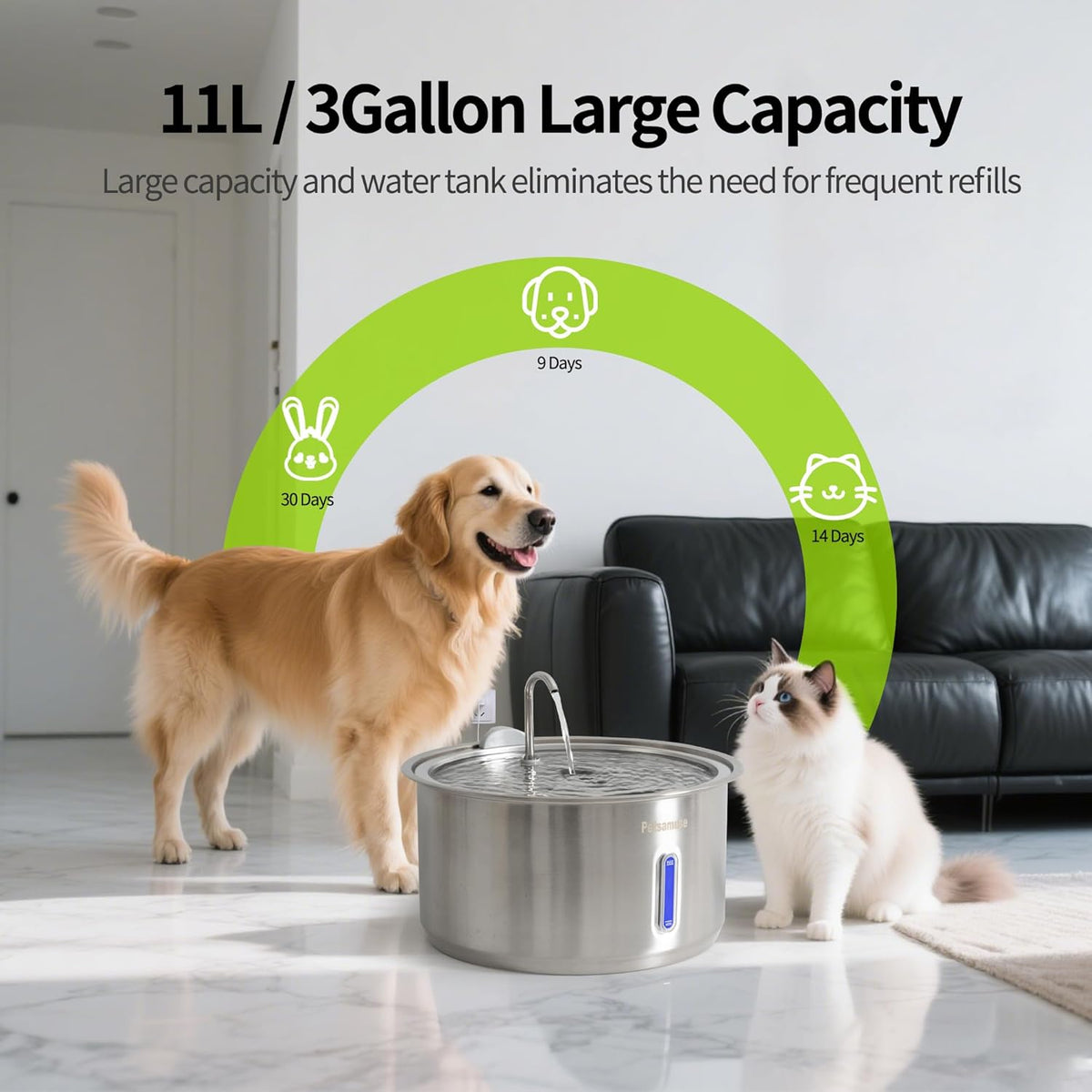 Large Dog Water Fountain, Petsamuse 11L/2.8Gal Automatic Circulating Stainless Steel Water Bowl Dispenser with 15 Replacement Filters, 2 Ultra Quiet Pumps, 2 Spray Modes and a Brush for Multi-Pet