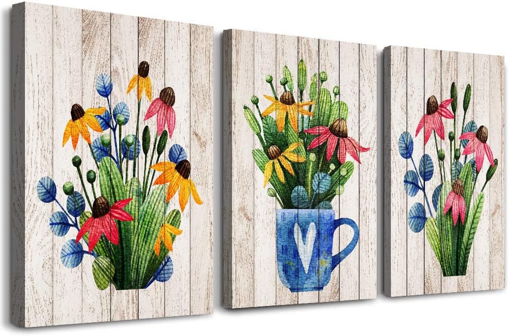Canvas Wall Art For Kitchen Wall Decoration For Living Room Wall Decor For Bedroom Room Decor Vintage Wood Grain Plant Flowers Wall Painting Office Wall Pictures Artwork Home Decor 16" X 24" 3 Piece