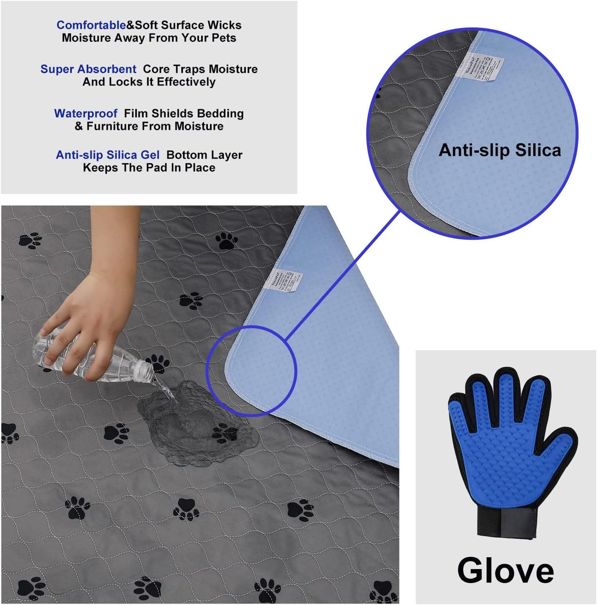Washable Pee Pads for Dogs + Free Puppy Grooming Gloves/Quilted, Fast Absorbing Machine Washable Dog Whelping Pad/Waterproof Puppy Training Pad/Housebreaking Absorption Pads