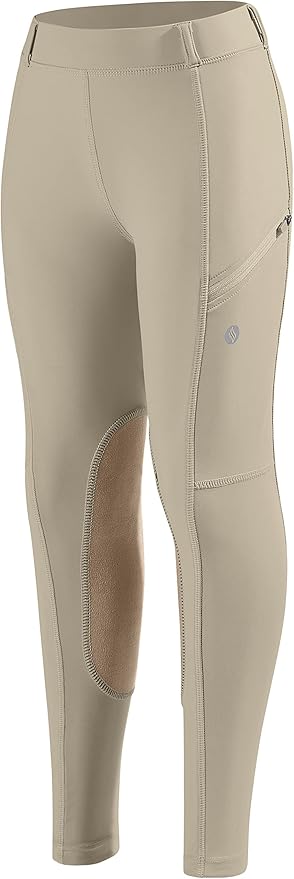 SANTINY Girls Horse Riding Pants with Zipper Pockets Kids Stretchy Equestrian Breeches Knee-Patch Youth Schooling Tights