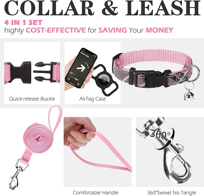 EXPAWLORER Classic Plaid Puppy Harness - Small Dog Harness and Leash Set - Dog Collar and Leash Set with AirTag Holder, Soft Padded Step in Dog Vest Harness No Pull Reflective for Outdoor, Pink XXS