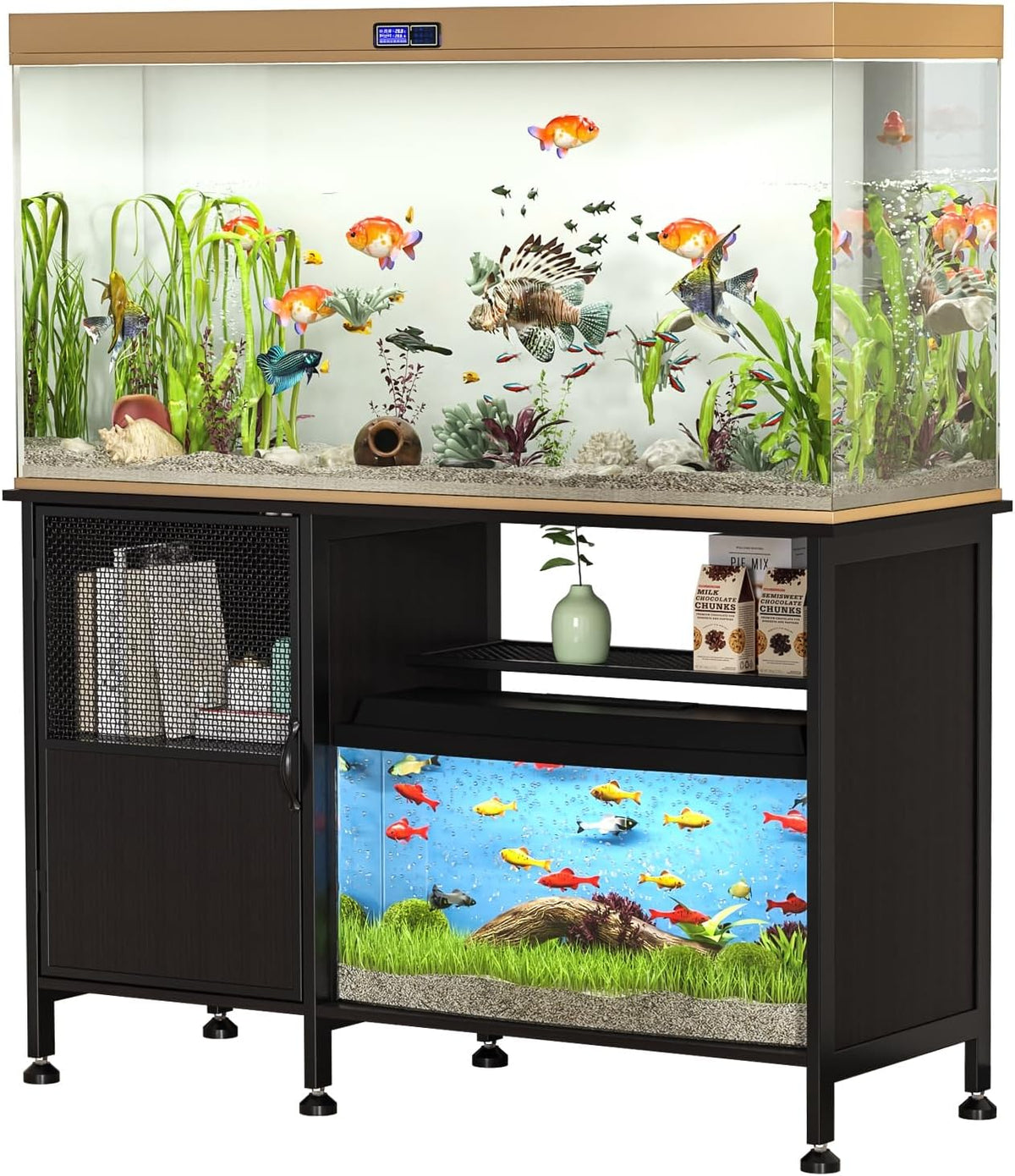 Fish Tank Stand, Modern Aquarium Stand with Built-in Cabinet and Shelves - Sleek Black Iron and Wood Grain Design for Stylish Home Décor（ 51.97" x W 19.69" x H 31.5"） Black