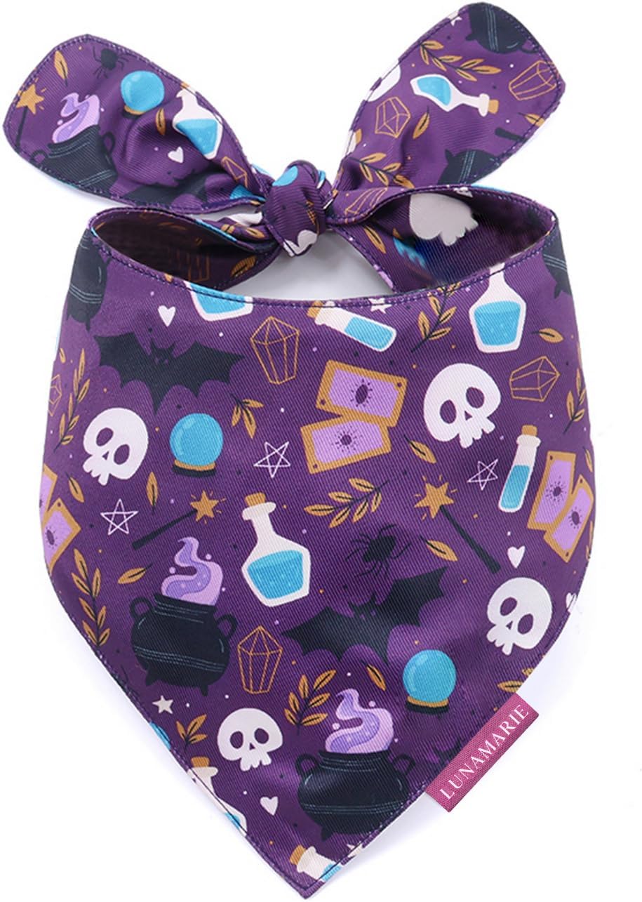 LunaMarie - Luxury Pet Birthday Bandanas -Premium & Silky Poly Fabric | 100% Handmade | Custom Shape Dual Layered (Bewitched, Large)