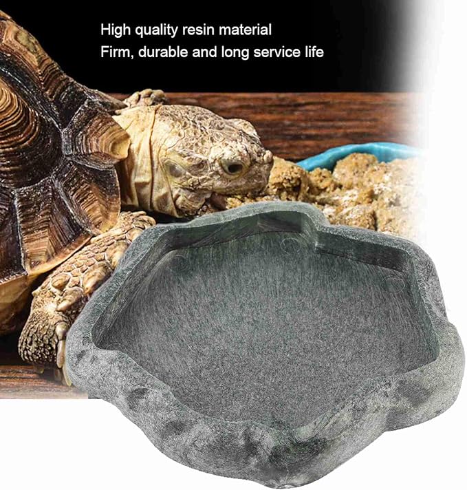 Reptile Bowl, Resin Rock Reptile Food and Water Feeder Pet Aquarium Ornament Terrarium Dish Plate for Tortoise Lizard Iguana(Dark Green S)